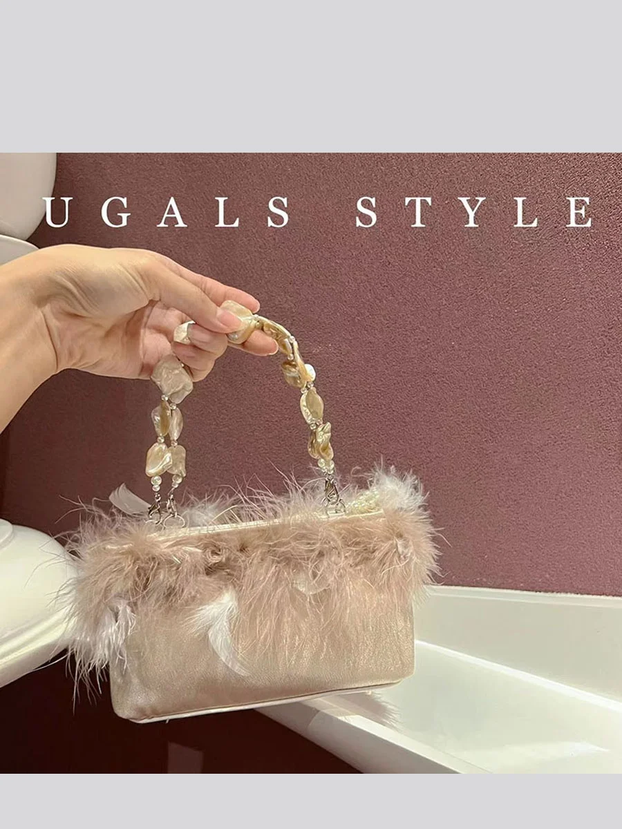 

UGALS Silk Satin Motif Bucket Handbag Tote Party Rabbit Fur Velvet Crossbody Bag Elegant British Style Pure Color