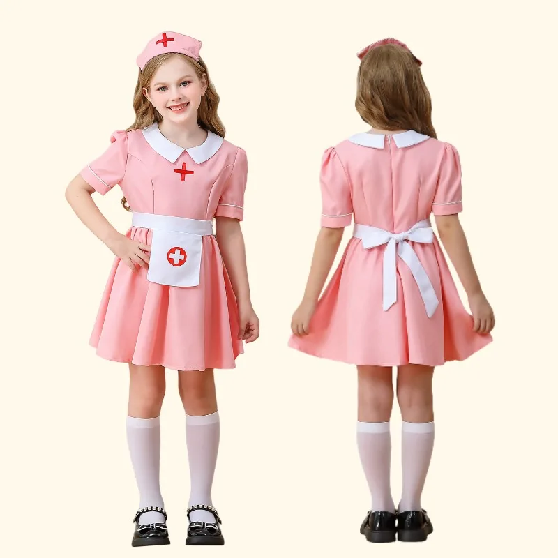 

Halloween Kid Girls Nurse Cosplay Costume Doctor Pink Dress Apron Headwear Suit for Stage Performance Carnival Party Outfits