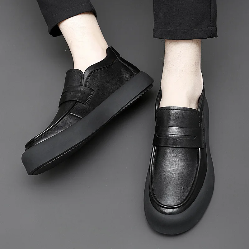 Spring Autumn New Designer Leather Loafers Male Fashion Casual New Designer Black British Platform Shoes for Men