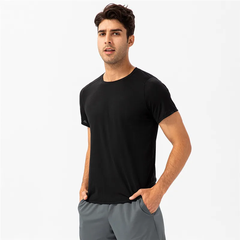 Solid Color Men Sport Short Sleeve Loose Round Neck Yoga T-shirt  Fitness Vest Comprehensivetraining Jog Quick-drying Breathable