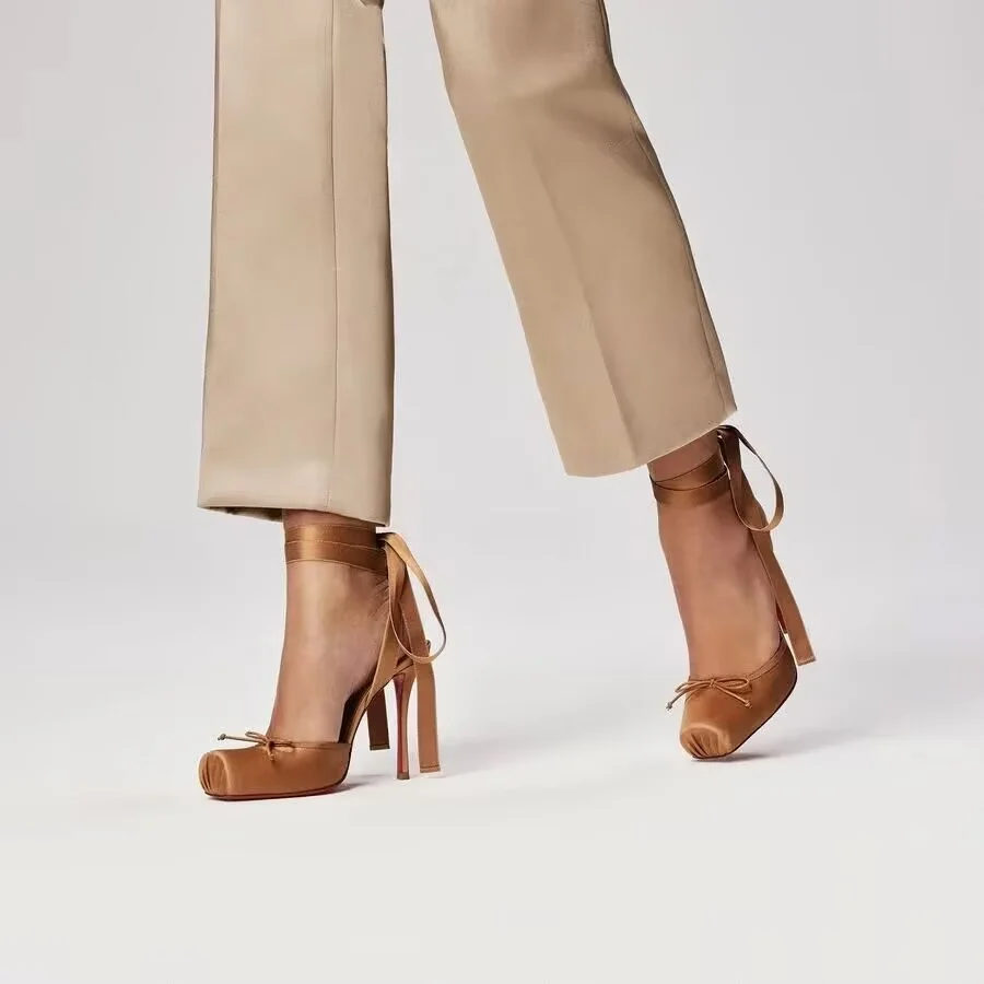 

2025 Women's New Summer Square Satin High Heel Sandals with Ankle Strap, Fashionable Party and Banquet Ballet High Heels