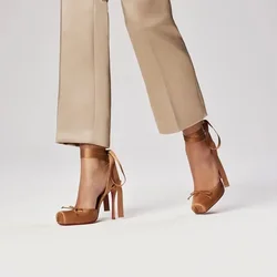 2026 Women's New Summer Square Satin High Heel Sandals with Ankle Strap, Fashionable Party and Banquet Ballet High Heels