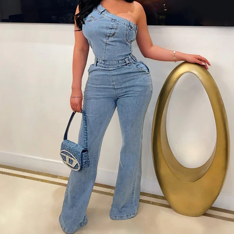 Fashion Oblique One Shoulder Sleeveless Tight Waist Slim Washed Denim Jumpsuit Women Flared Loose Jeans Overalls Monos Largos