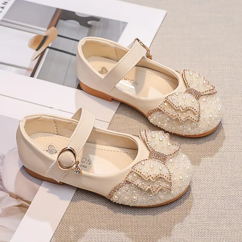 Kids Leather Shoe Spring Autumn Children Princess Shoes Fashion Sweet Rhinestone Bowknot Girls\' Flat Shoes for Wedding Shallow