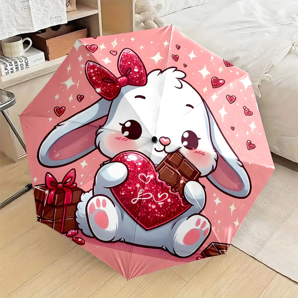 1PC Cute Bunny with Heart and Chocolate Design Umbrella Print 8 Iron Ribs Folding Umbrella Auto-Open Fashion Sunshade