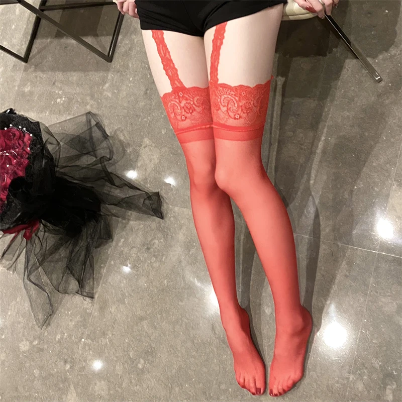 Women Erotic Lingerie Black White Lace Top Thigh High Stockings With Garters Sexy Transparent Open Crotch Underwear Intimates
