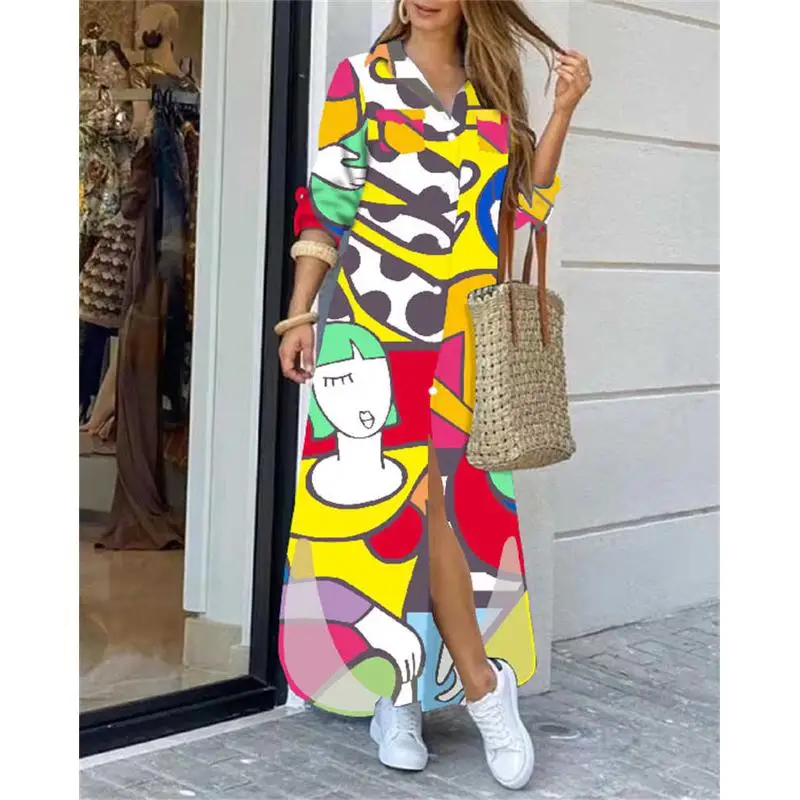 Faionable طويل Sve طباعة طوق Dr المرأة فضفاضة عارضة طويلة Dr Commute Sle عالية الخصر الترا لينة الكتان القطن B...