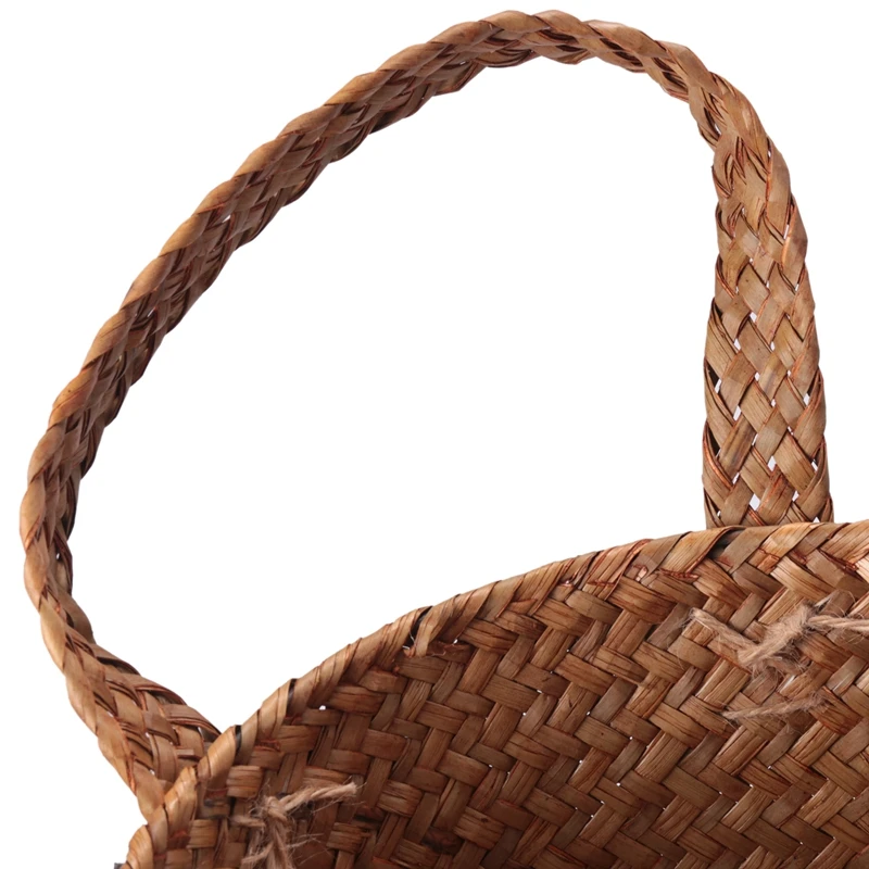 Natural Round Straw Basket Bin Handmade With Handgrip Orange 33X21x26cm