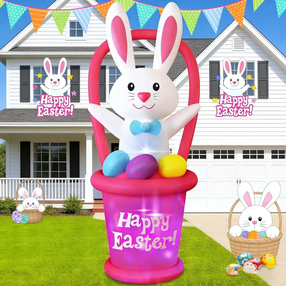 

7 Foot Easter Iatables Bunny Outdoor Decorations, Blow Up Rabbit with Basket Decor, Bright LED Lights Iatable Yard Decoration fo