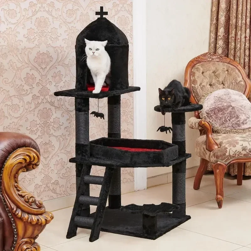 Gothic Cat Tree with Coffin Bed Cat Tower with Spacious Cat Condo Scratching Posts Spider Hanging Ball Multi Level