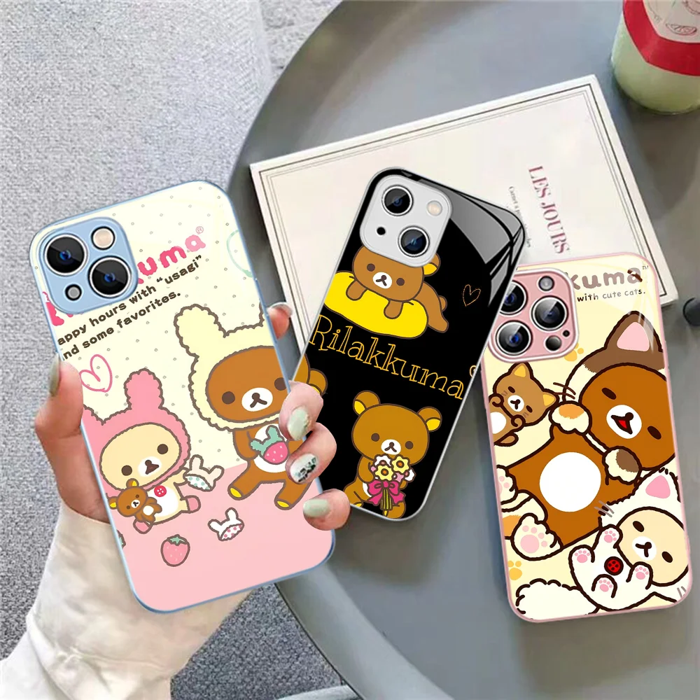 Cute Cartoon R-Rilakkuma Phone Case Tempered Glass For iphone 14 13 12 11 Pro Mini XS MAX 14Plus X XS XR Cover