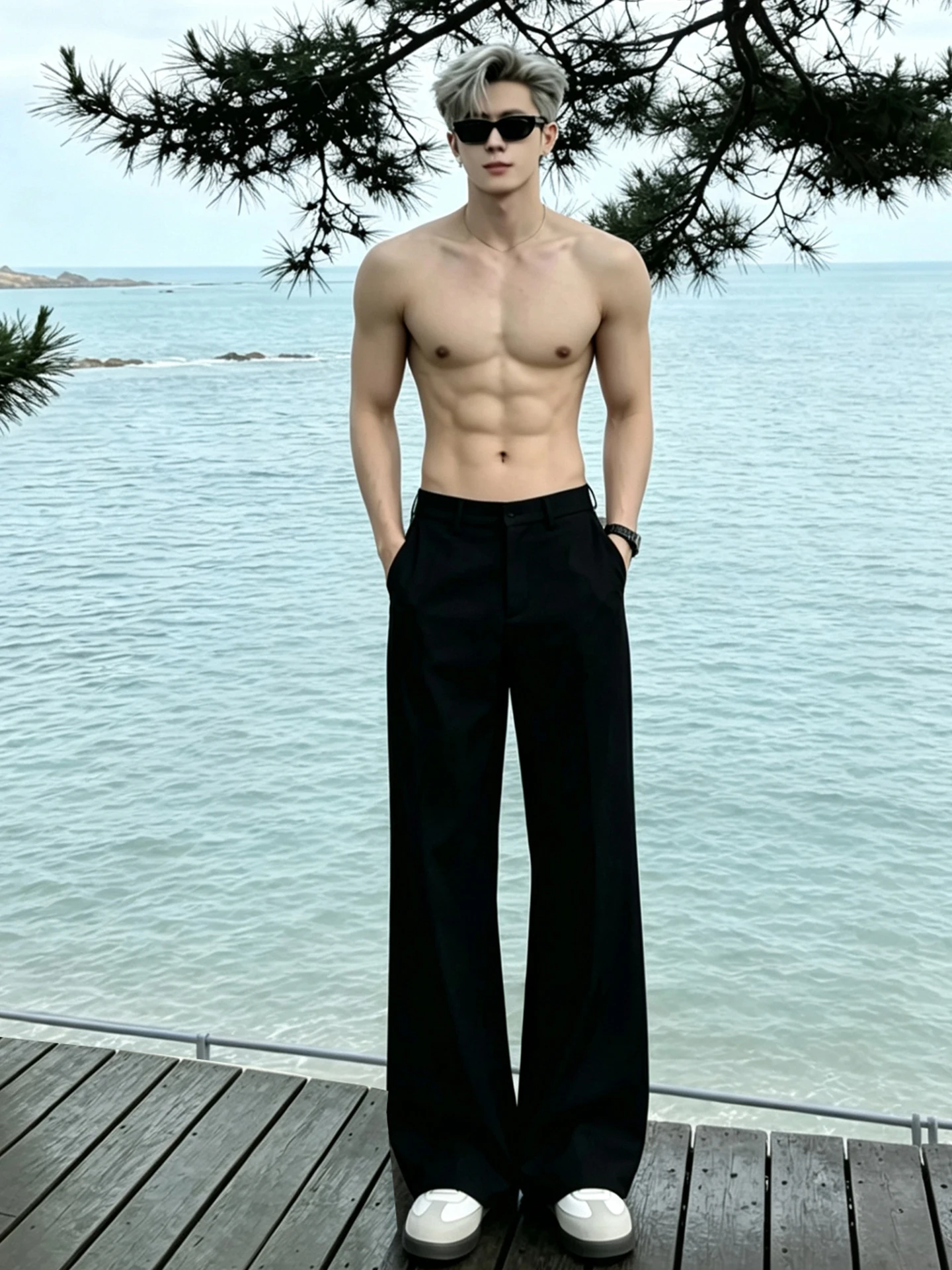 Cleanfit Black Men's Summer Thin Ice Silk Pants Extended Length Tall Straight Leg Micro Flared Casual Trousers Fashionable