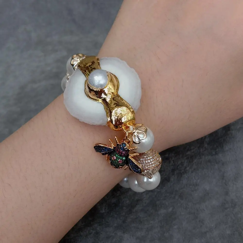Y.YING White Sea Shell Pearl Bracelet Natural Quartz Slice Cz Pave Insect Charm Original Design Jewelry