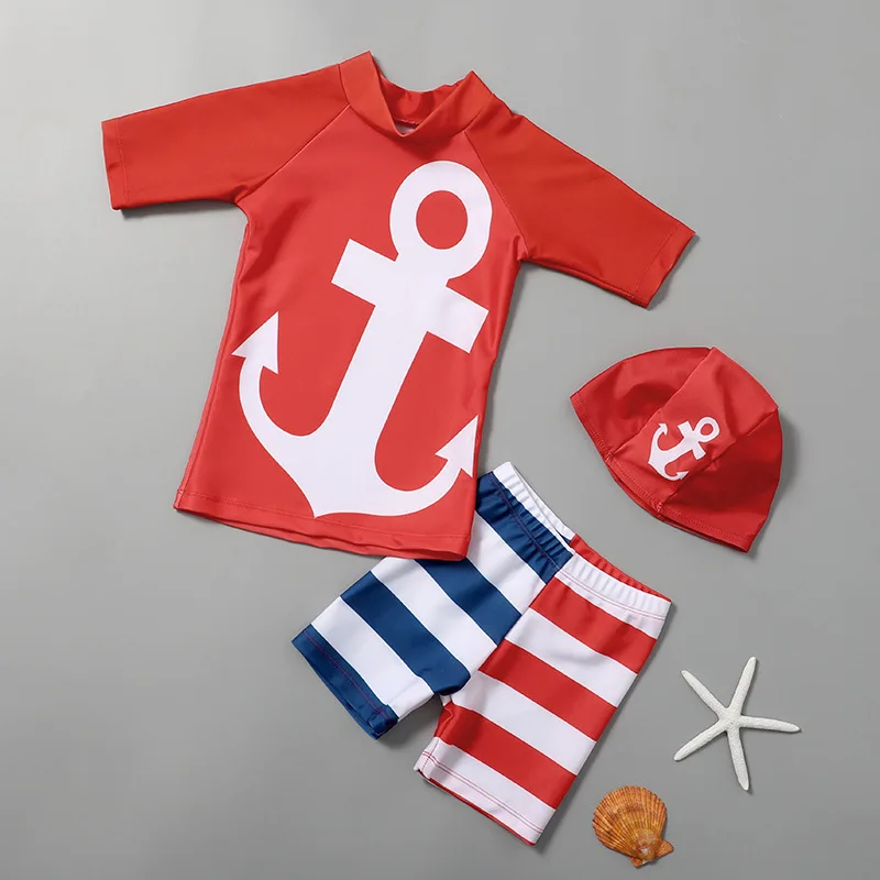 New Boys Swimsuit Cartoon Print Children\'s Swimwear Boys UPF50 Short Sleeve Toddler Boy Swimming Wear 3 pcs Bathing Suit Child