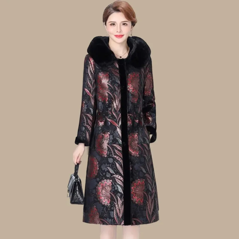 7XLHigh Quality Fur Coat Women Two Sides Wear 2024 Mother's Coat Thick Warm Long Jacket With Hood Liner Plush Coat Fur Collar