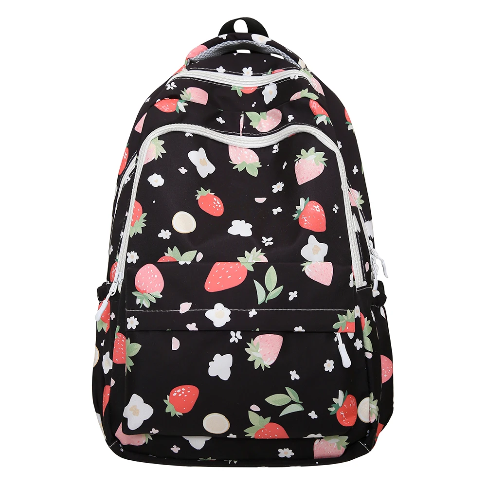 Mochila feminina com estampa de morango, alça ajustável, padrão morango, grande capacidade, estudantes, diariamente