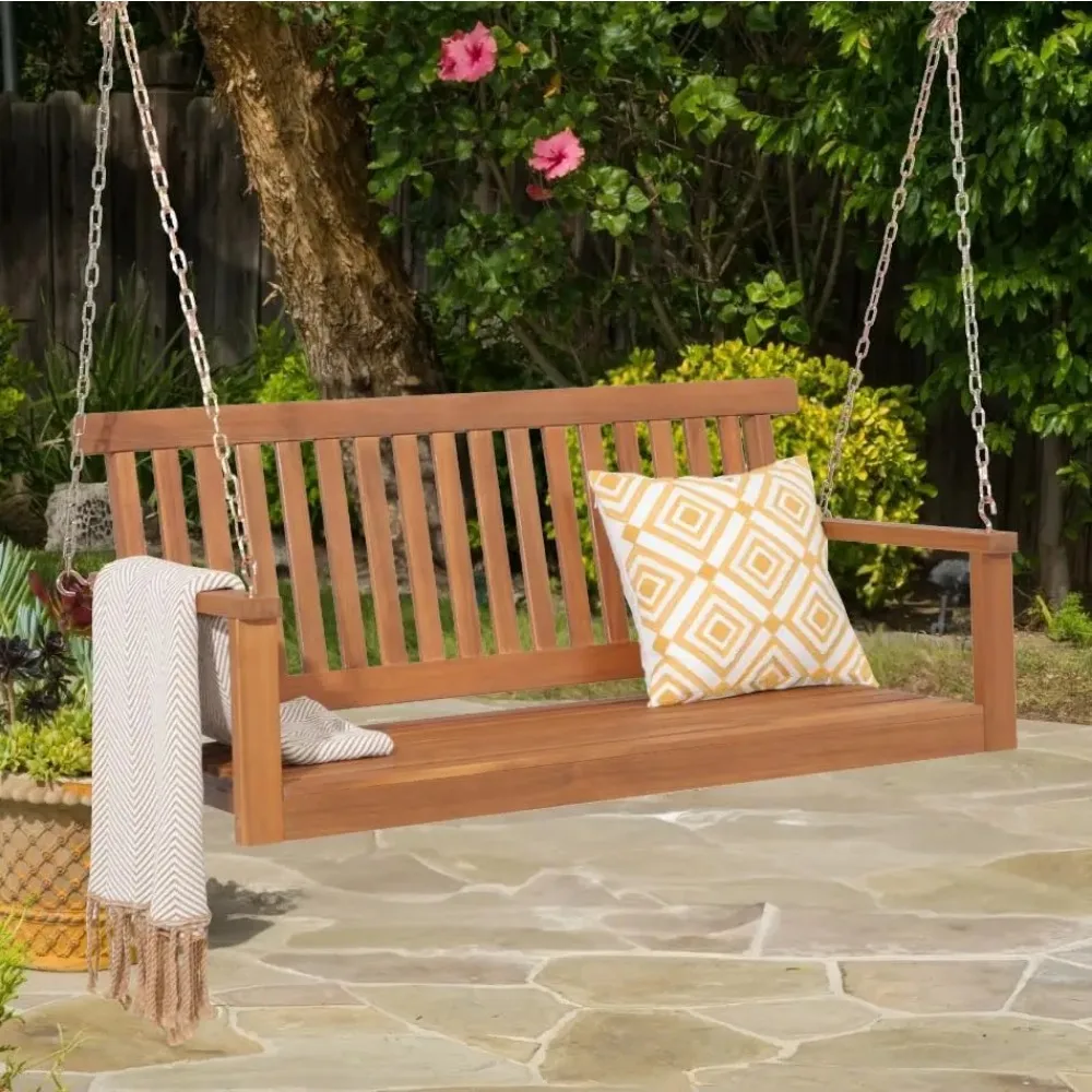 

Outdoor Acacia Wooden Porch Swing,Patio Hanging Bench Swing with Adjustable Chains,2-Seater for Patio Garden Yard