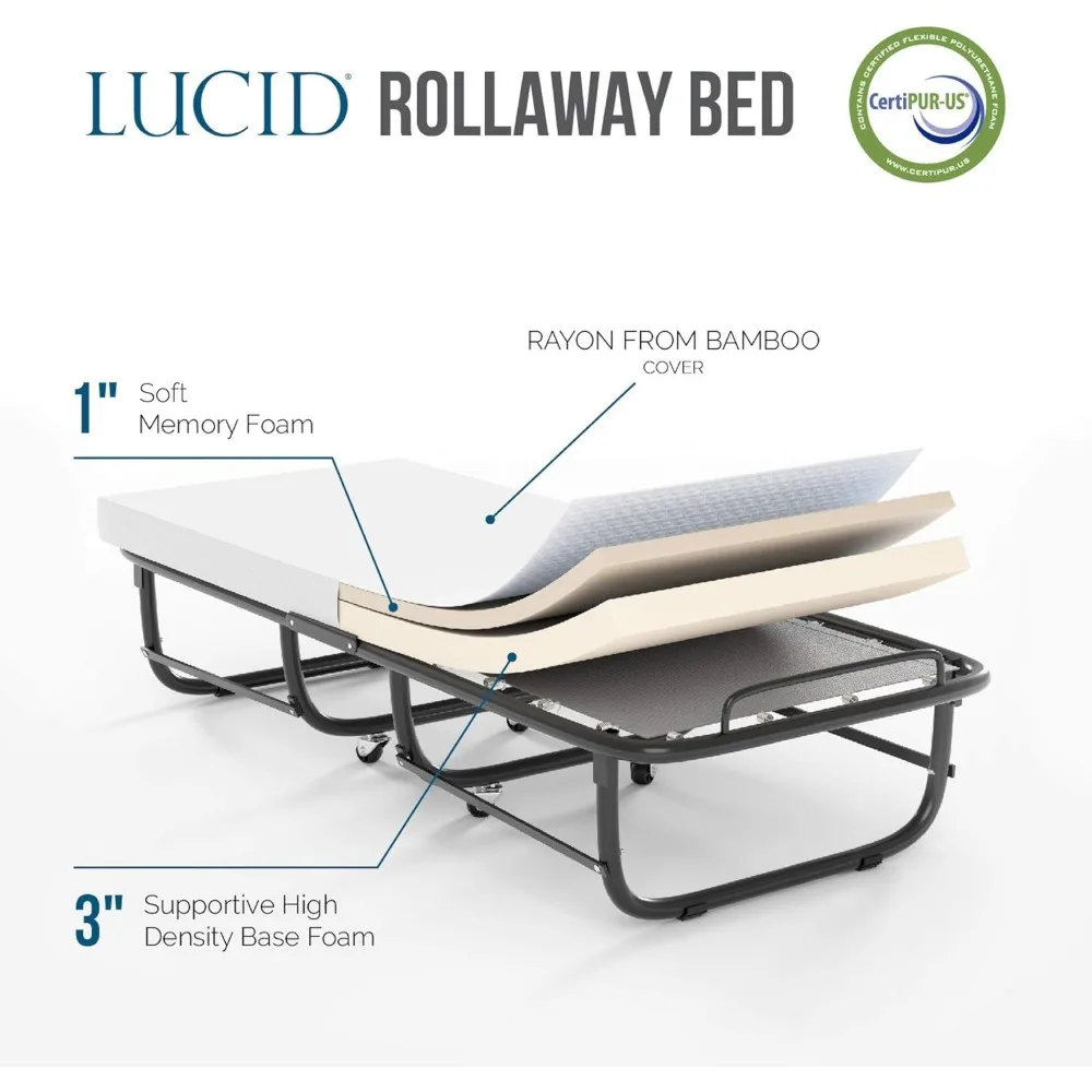 Rollaway Folding Guest Bed with 4 Inch Memory Foam Mattress- Rolling Cot- Easy Storage-Cot Size Bed