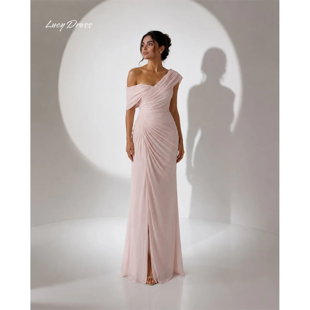Lucy Pink Prom Dress Straight One Shoulder Sleeveless Evening Dresses Asymmetrical Draped Ruched Bodice Flowing Customized