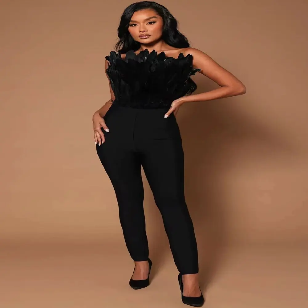 Casual Ladies Outfits Black Elegant Feathers Bandage Jumpsuit Chic Women's Clothing Sleeveless Backless Slimming Pantsuit