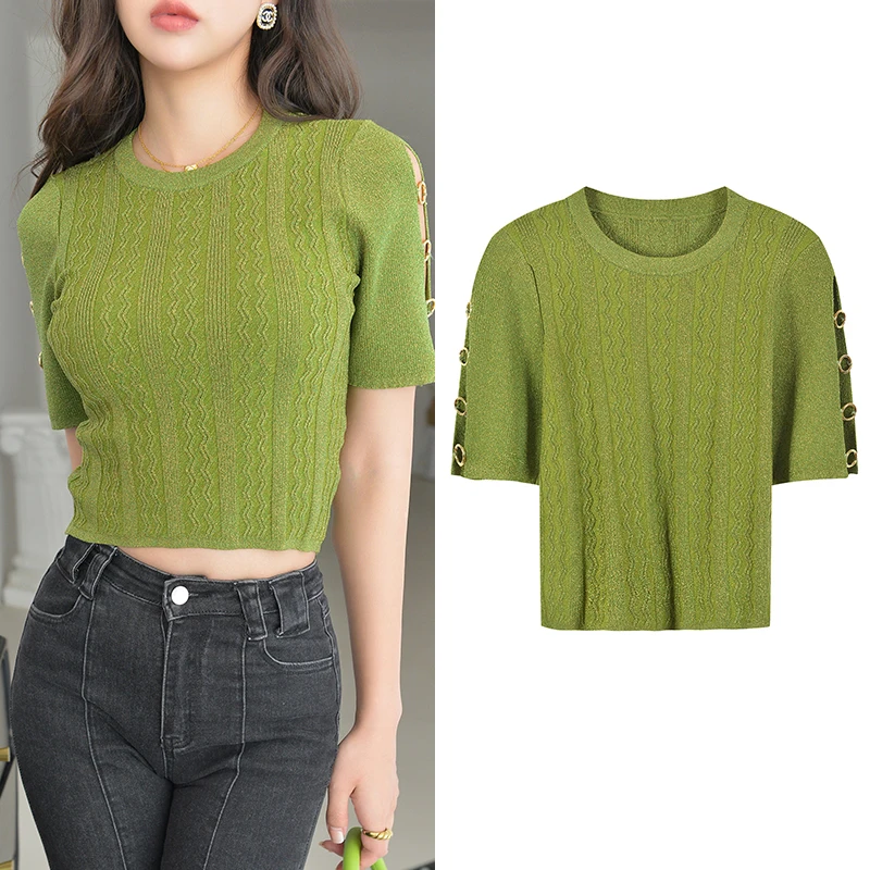 

High-End Version S Home een iny Metal Ring Decorated round Ne ort Sve Knitted T-irt Top Flared Casual Pants Set