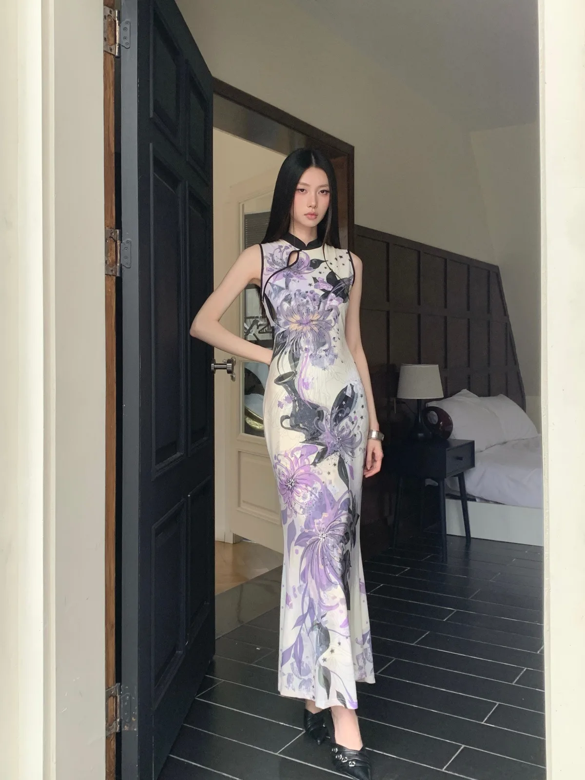 

New Chinese Style Qipao Dress Women's National Style Front And Back Wear Fish Tail Long Skirt Waist in Middle Summer Evening ...