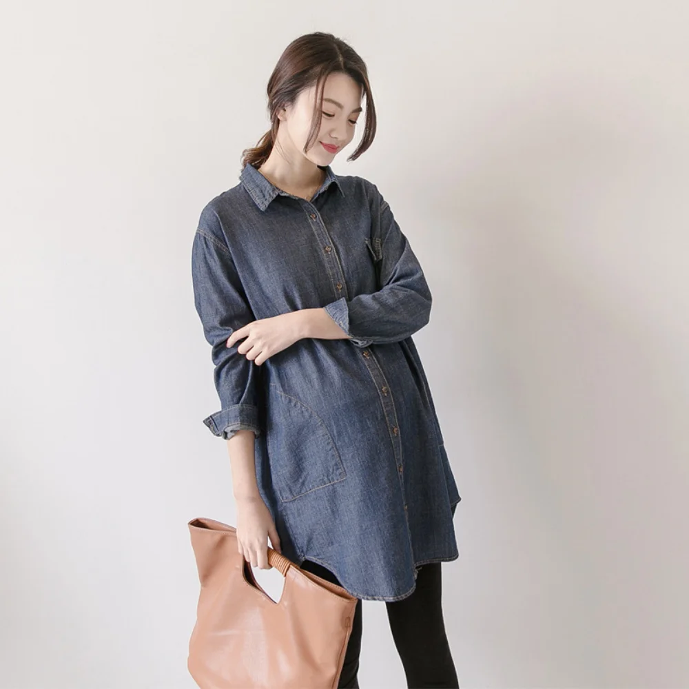 New Maternity Dress Clothes for Pregnant Women Casual Pregnancy photoshoot Dress Jeans long sleeve pregnant demin shirt