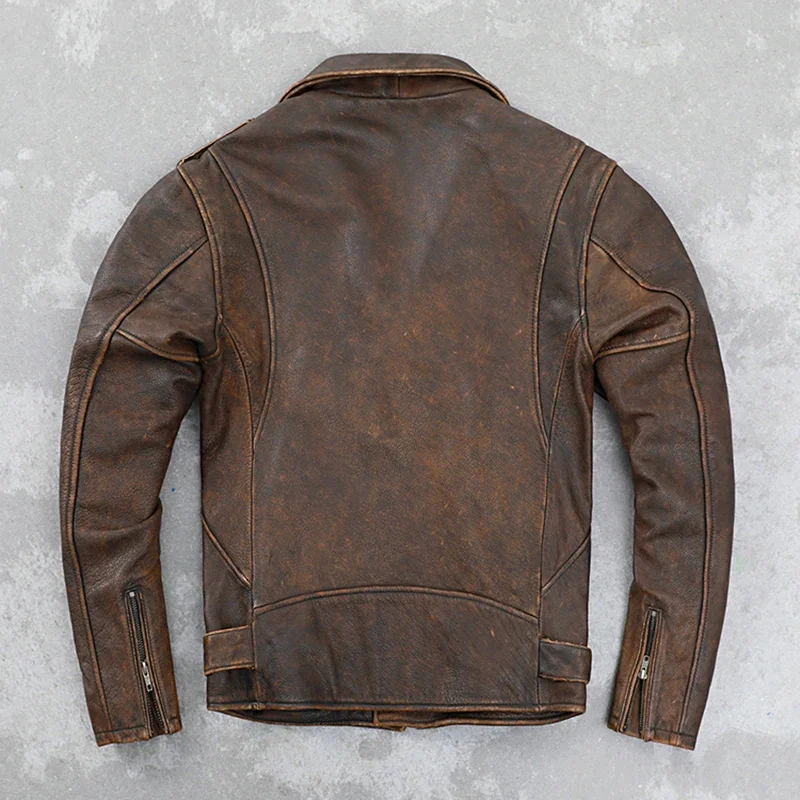 Cowhide Leather Men's Retro Distressed Motorcycle Cycling Clothing Trendy Youth LapeSpring and Autumn Coat