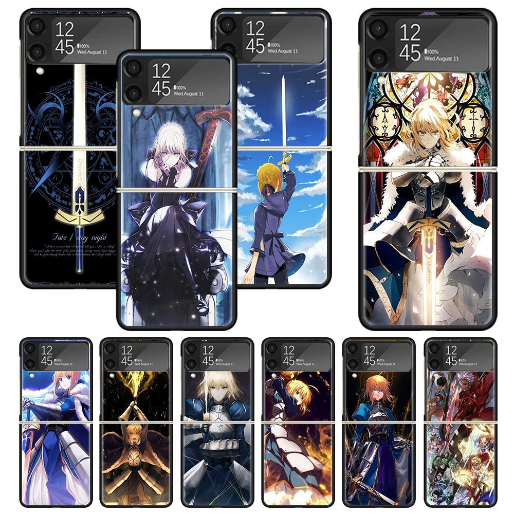 Fate Zero Stay Night Saber Print Case For Samsung Galaxy Z Flip 3 4 5 5G Black Hard Cell Phone Shell ZFlip3 Flip4 Flip5 Pattern