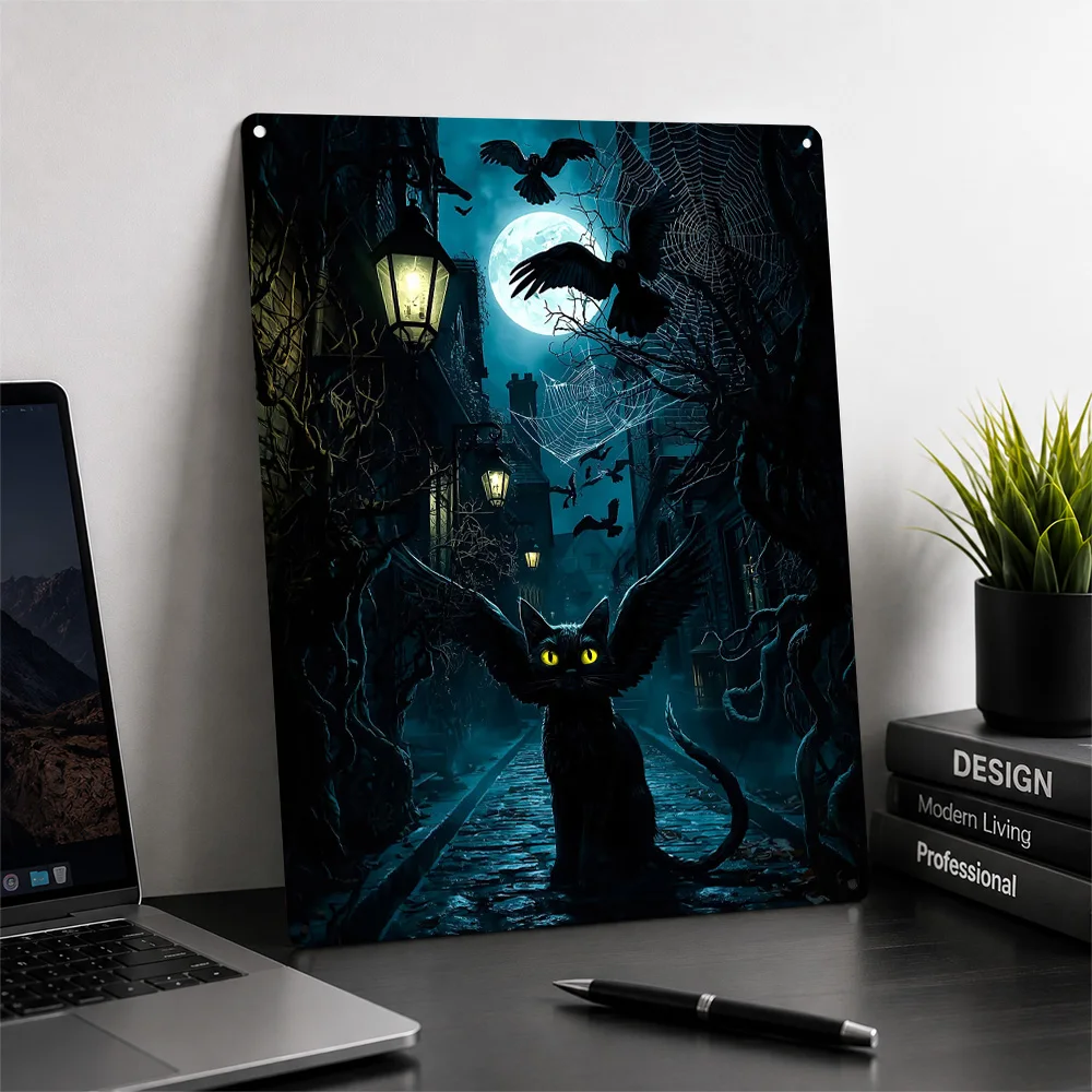 Winged Black Cat in Spooky Alley Poster Retro 3D Printed Metal Signs Customized Wall Hanging Gift for Decor Living Room Tin Sign