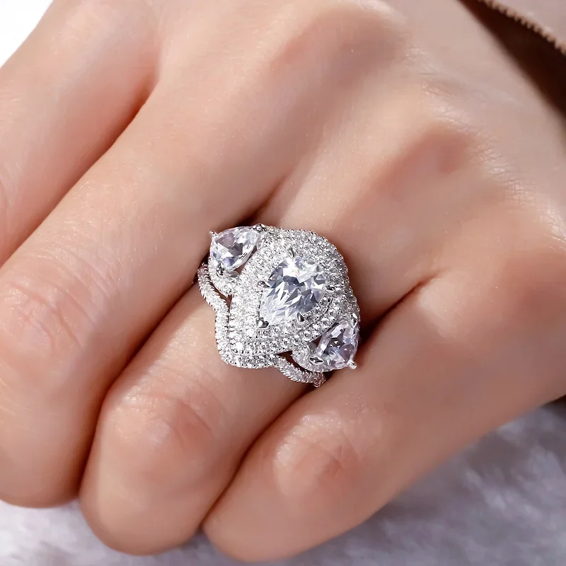 Huitan Opulente, brillante 3-teilige Ringe mit glänzendem Zirkonia für Frauen, exquisiter Hochzeits-Brautschmuck, Modeaccessoires