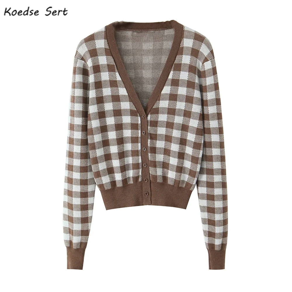 

2025 Autumn Coffee Plaid Gingham Button Through Pointelle Knit Cardigan Sweater Woman V neck Full Sleeve Jumper Short Knitwear