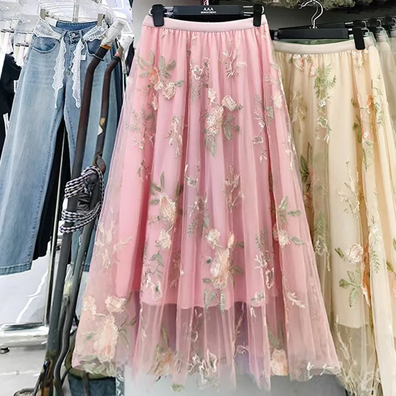 2025 New Women Heavy Industry Embroidery Summer High Waist Versatile Mesh Embroidery Fairy Long Skirt Medium Long Length Skirts