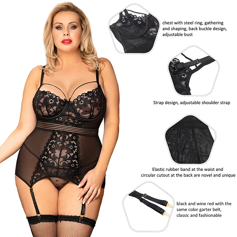 Comeondear Sheer Suspender Sleepwear Babydoll Outfit Plus Size Nighties Mesh Nightgown Lingerie Underwire Garter Nightdress Set