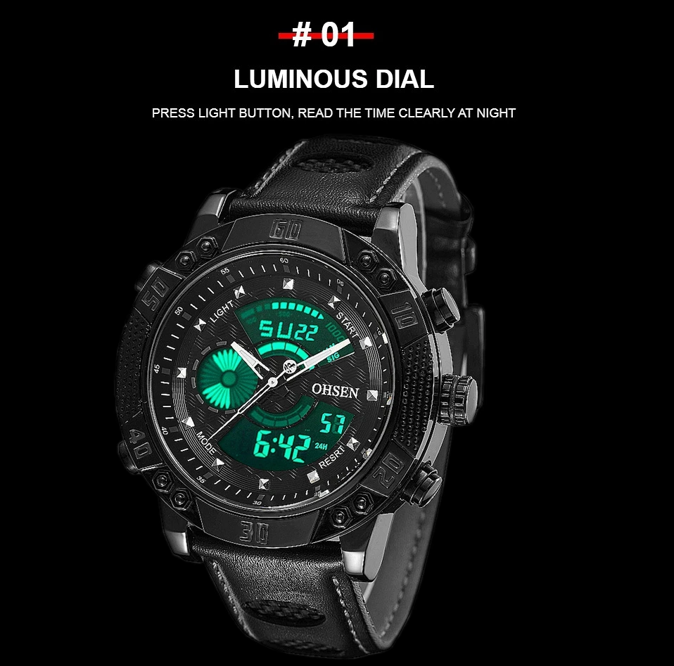 OHSEN Fashion Outdoor Sport Watch Men Multifunction 3 Bar Waterproof Black Military Digital Wristwatches Clock Relogio Masculino