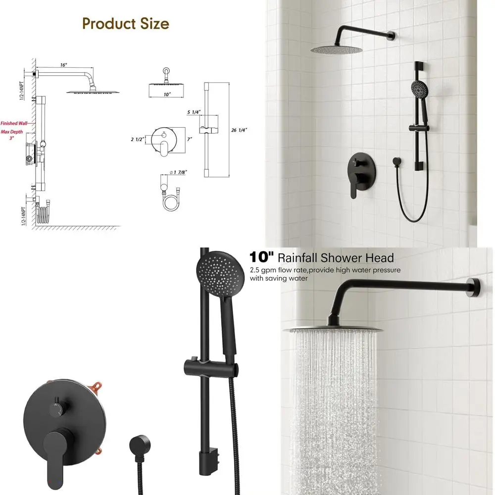 

10 High-Pressure Rain Shower System with 5-Setting Handheld, Wall-Mounted Slide Bar and Shower Valve