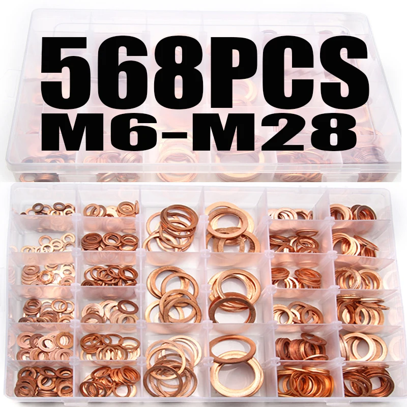 568Pcs M6/M8/M9/M10/M12/M14/M16/M18/M20/M22/M24/M26/M28 Hardware Accessories for Copper Washers Metric Flat Gasket Kit Oring