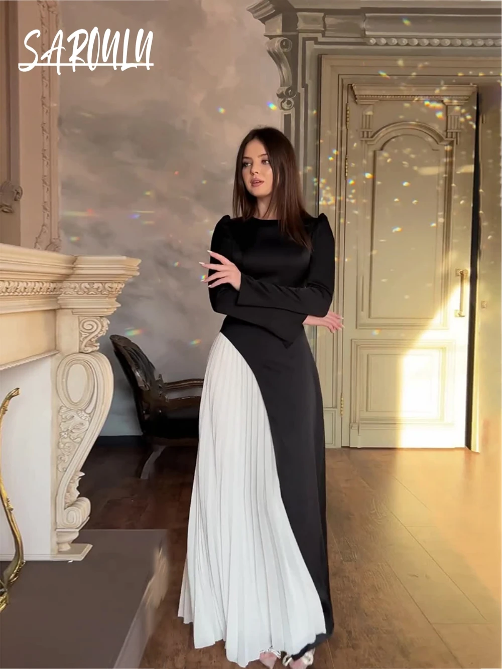 

Pleated A Line Chic Lace Up Back Party Women Evening Dress Newest Formal O Neck Puff Sleeves Contrast Color Vintage Prom Gown