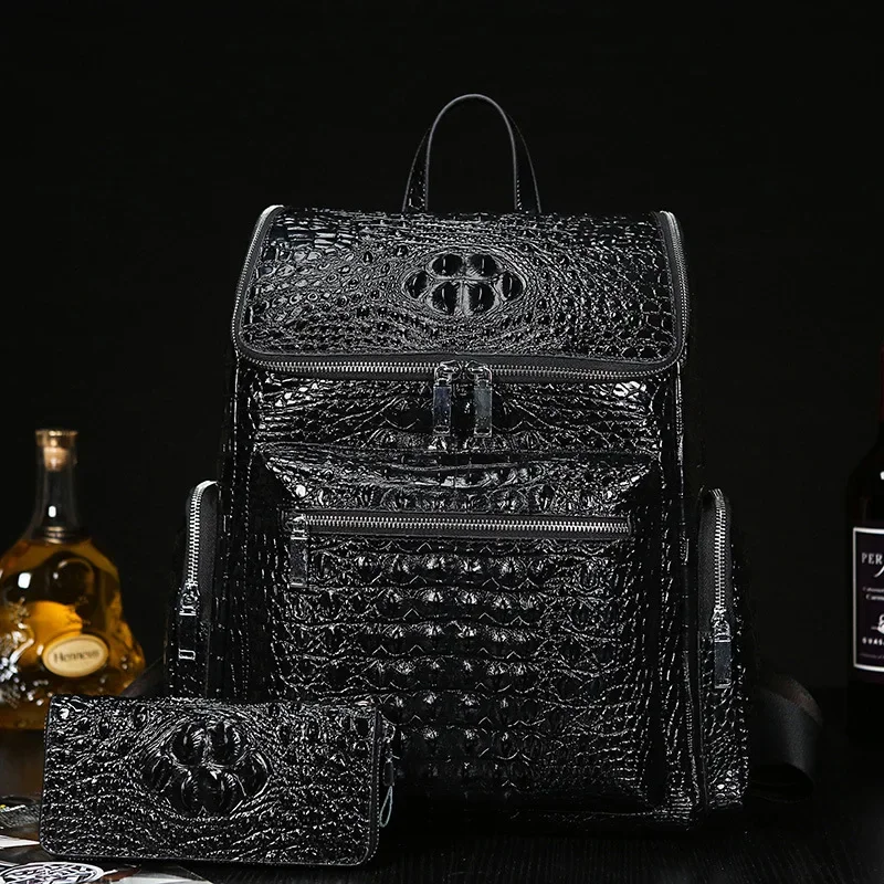 Cow Genuine Leather Alligator Men Backpacks Real Natural Leather Student Backpack Boy Luxury Brand Large Computer Laptop Bag