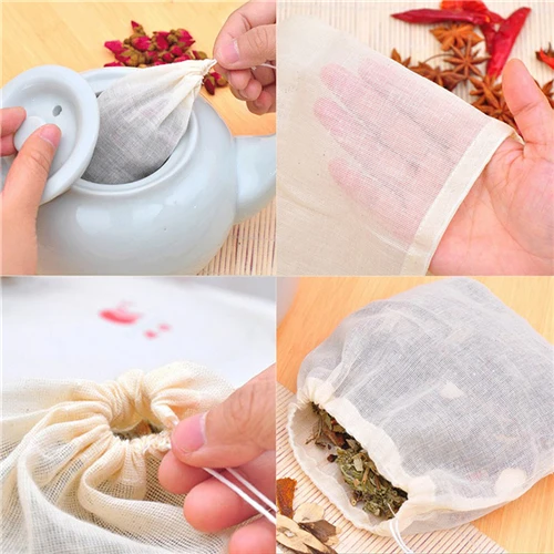 1pc/10Pcs Cotton Tea Bags Muslin Drawstring Straining Bag for Tea Herb Bouquet Spice 8x10cm Coffee Pouches Tools Home Garden