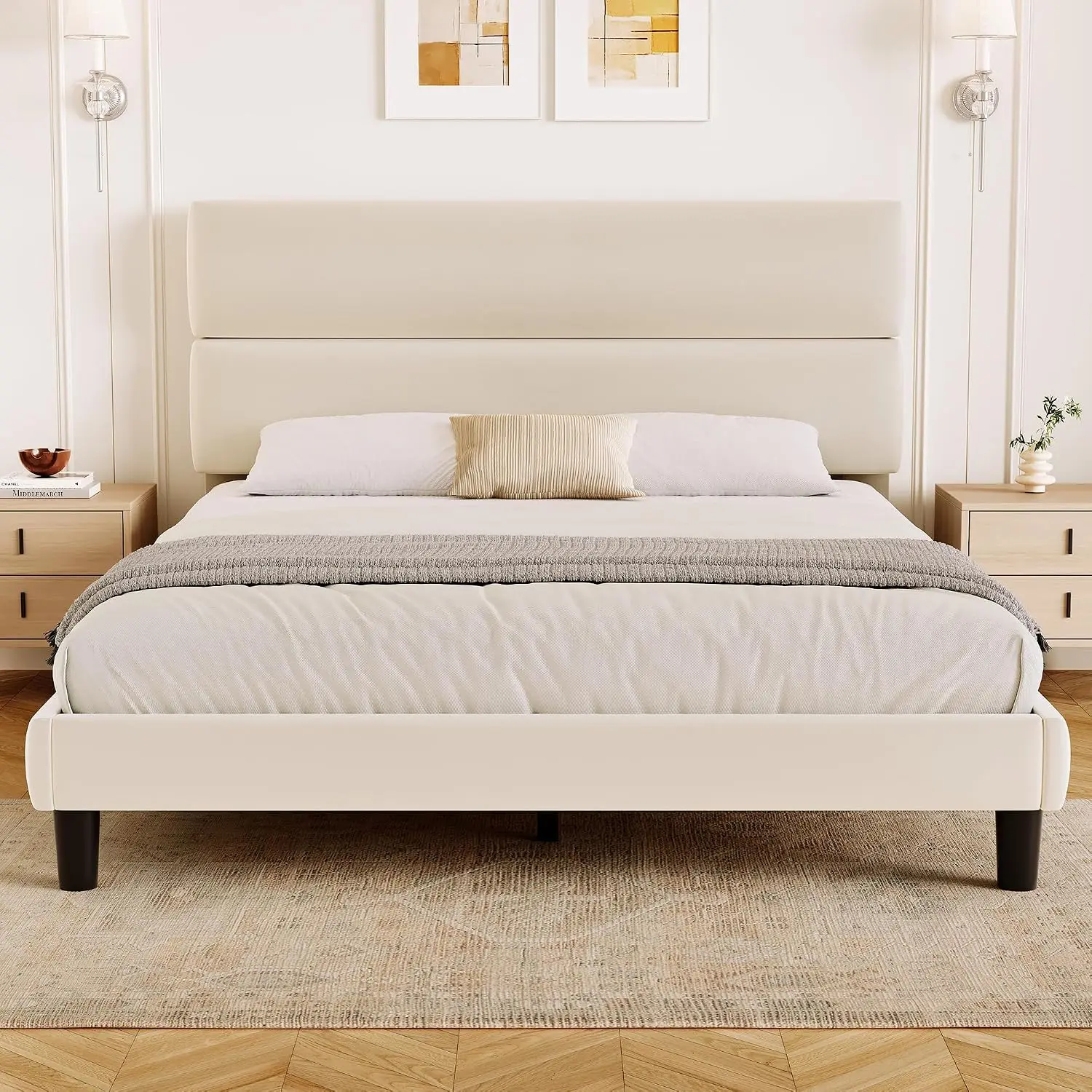 Queen Size Platform Bed Frame with Velvet Headboard, Adjustable Height Wooden Slats Support, Customized