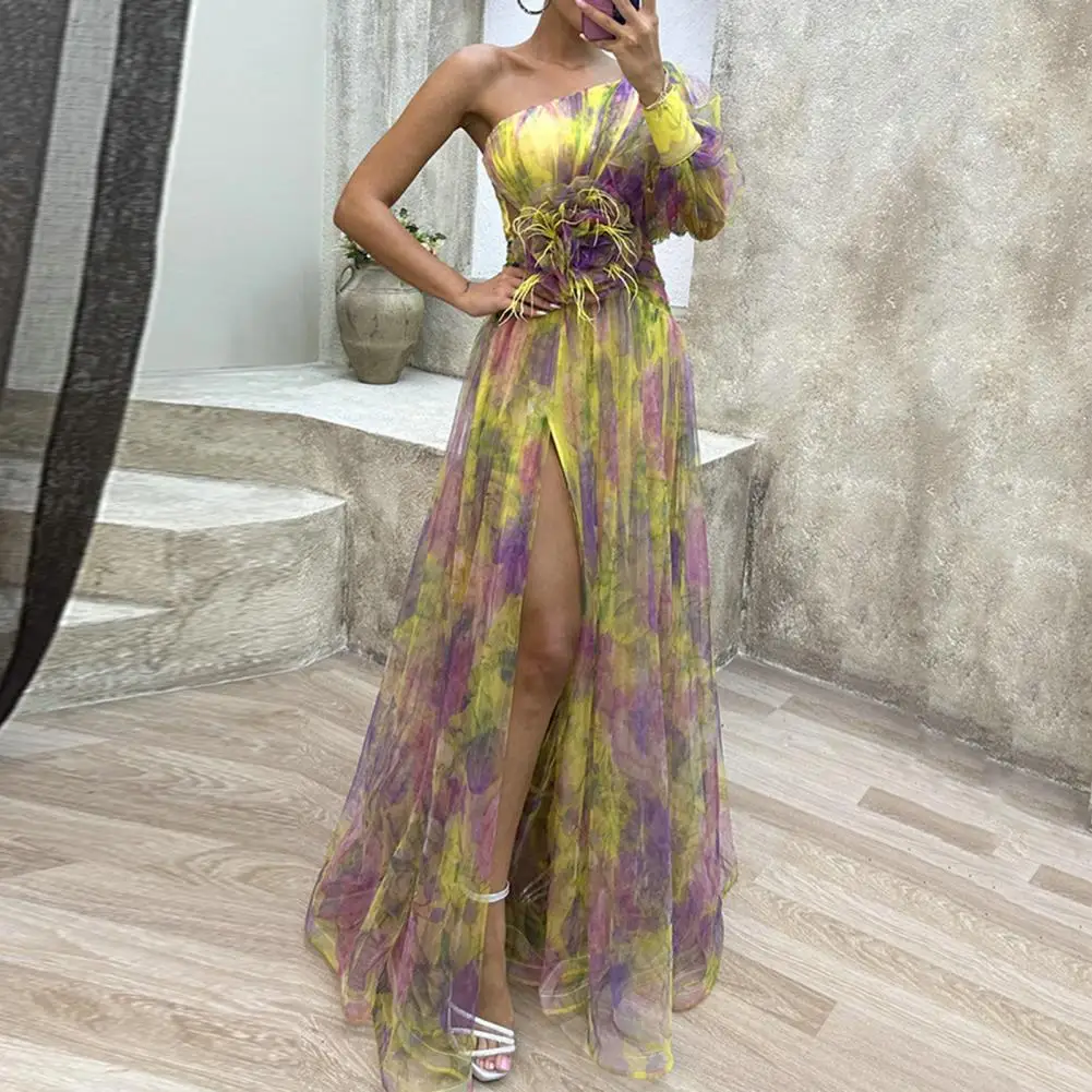 Large Flower Embellished Evening Dress Formal Evening Dress Elegant One Shoulder Tie-dye Ball Gown with Mesh Bubble Sleeves