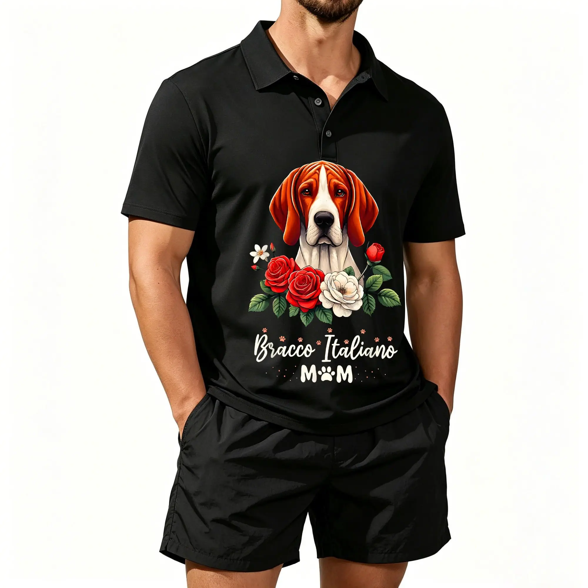 Men's Polo Shirt and Beach Shorts Two-Piece Set with Rose Petals and Italian Bracco Hound Print, Casual and Versatile, Comfortable to Wear, Well-Tailored Fit