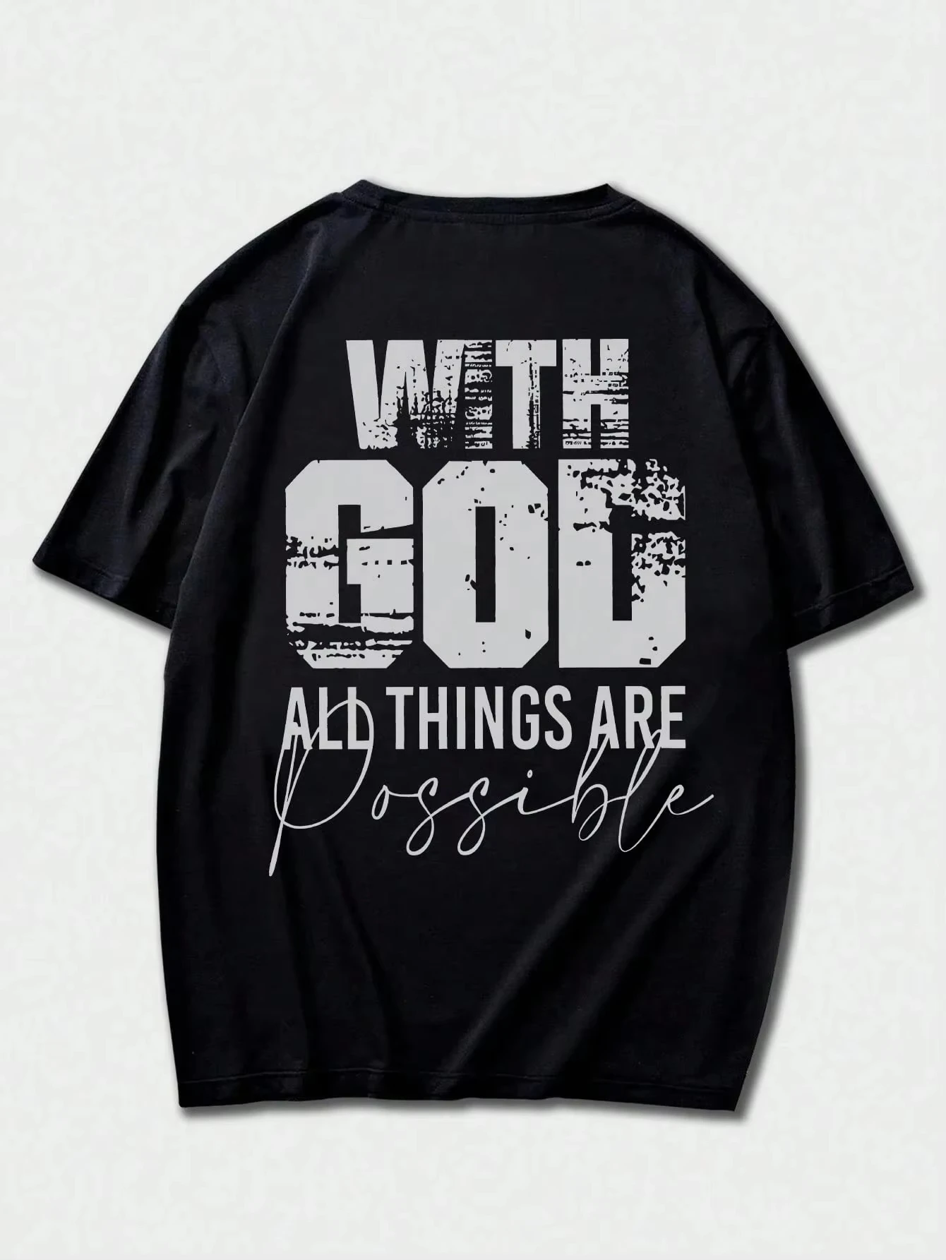 2026 New Family Matching Unisex Oversized Tee Retro Worn Faith Belief Inspiring Slogan Mixed Font Back Print Black Casual Tops