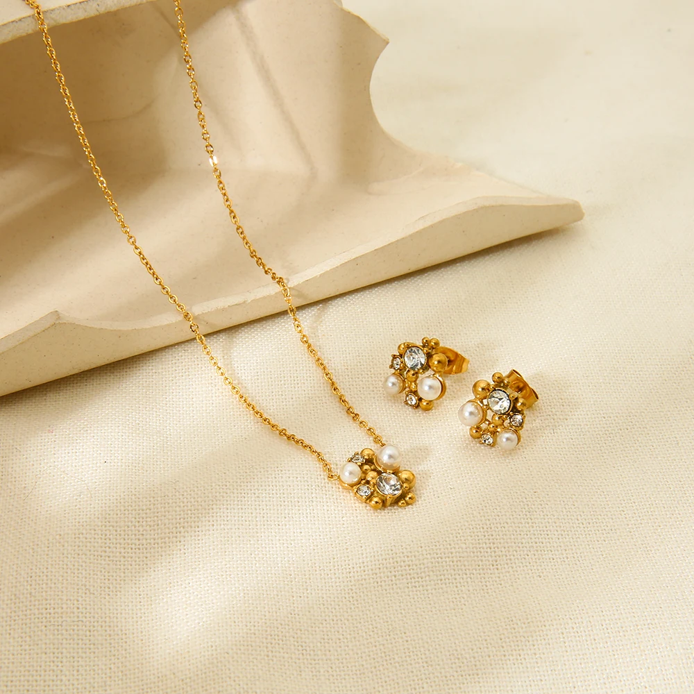 Minimalist Rhinestones Pearl Flower Stud Earrings Stainless Steel 18K Gold Plated Flower Pendant Necklace for Women Gift