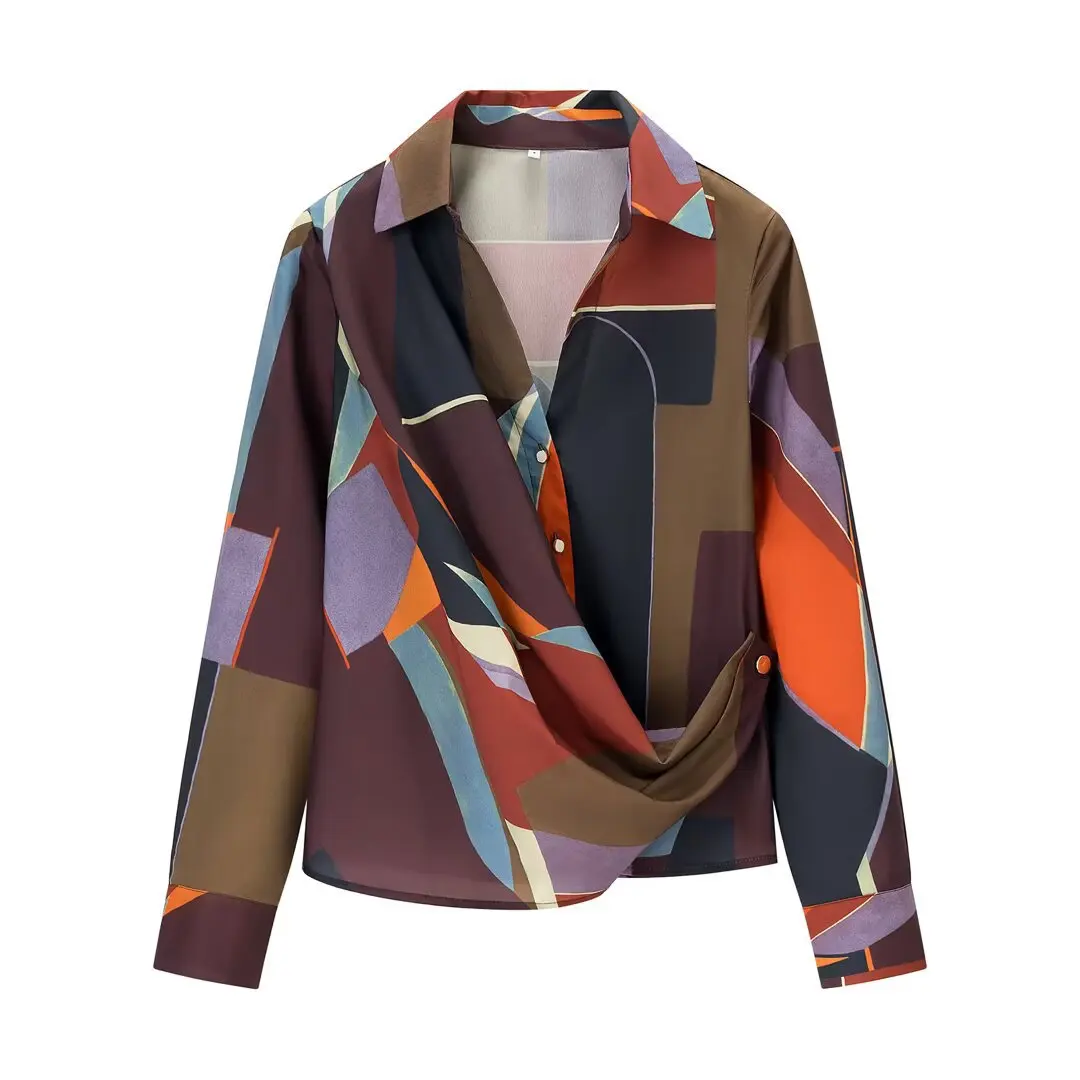 

Autumn Winter 2025 Women Satin Wrap Blouse Abstract Geometric Print Irregular Long Sleeve Office Shirt Top