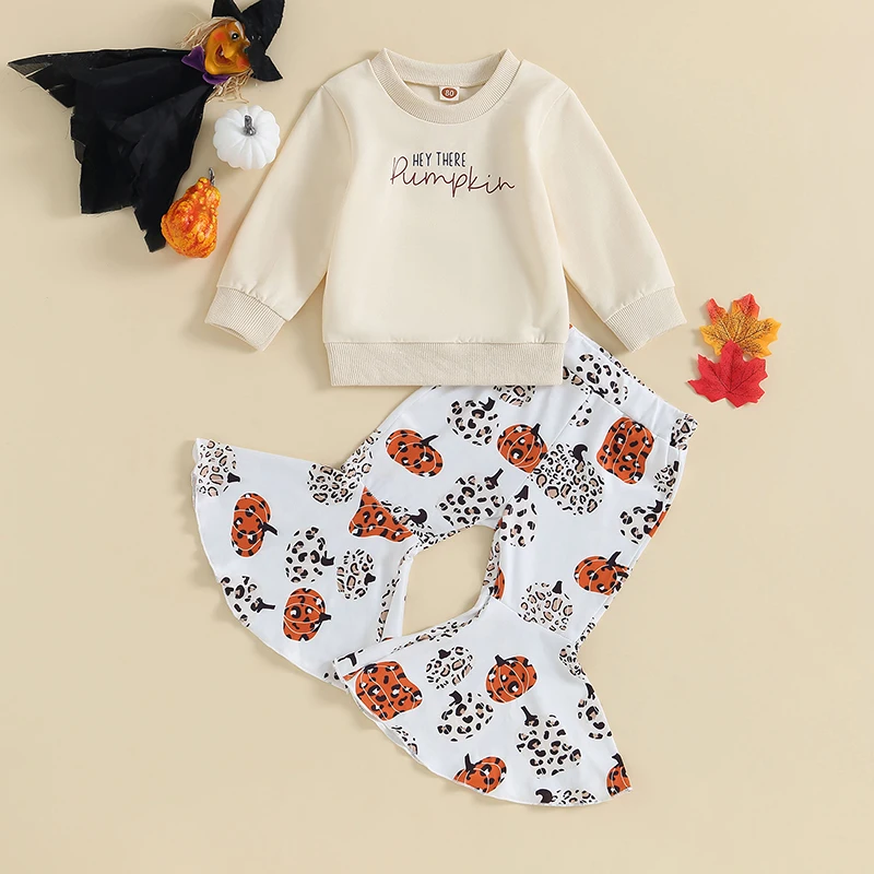 

2023-06-17 Lioraitiin 0-5Years Toddler Girls 2Pcs Halloween Clothes Letter Print Long Sleeve Sweatshirt Pumpkin Print Flare Pant