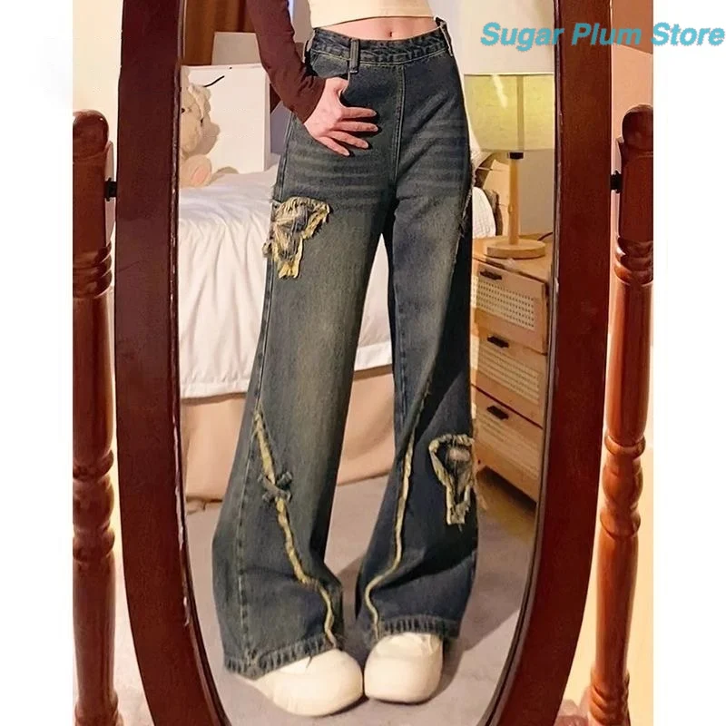 American Retro Street Girl Autumn New High Waist Loose Wide Leg Jeans with Holes and Rough Edges Joker Slim Casual Trend Pants.