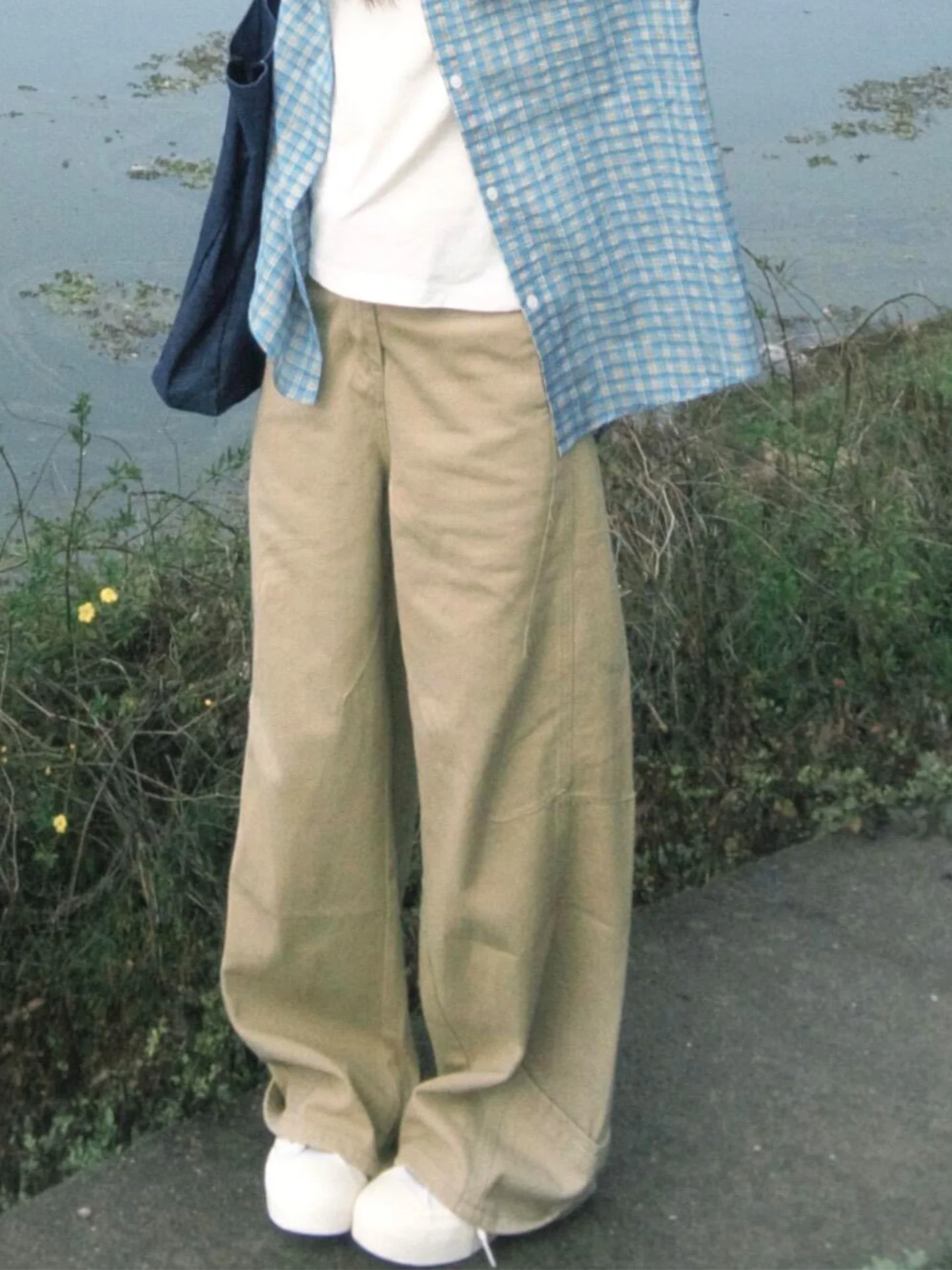 

plus Size Lazy Style Small Height American Khaki Denim Jeans Women's Summer New Washed Slim Wide Leg High Waist Pocket