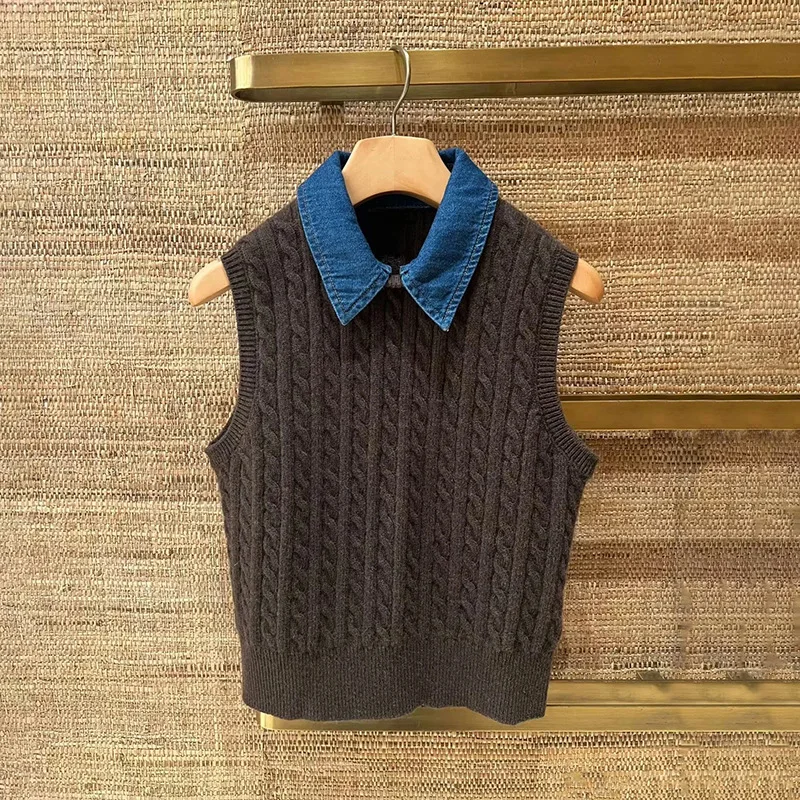 

【Gift Free】French Niche 2025 Autumn Winter Detachable Denim Collar Wool-Blend Cable Knit Short Vest for Women